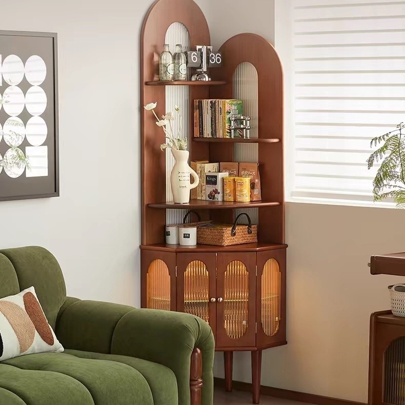 Estante de Canto em Madeira Maciça, Armário de Canto, Estilo Nórdico Retro, Estante para Sala de Estar e Quarto, Pequeno