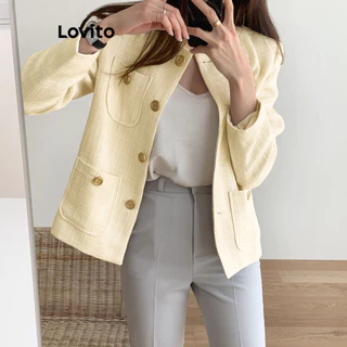 Lovito Casaco elegante de bolso liso para mulheres LNL99837 em Promoção na Shopee Lovito Casaco elegante de bolso liso para mulheres LNL99837