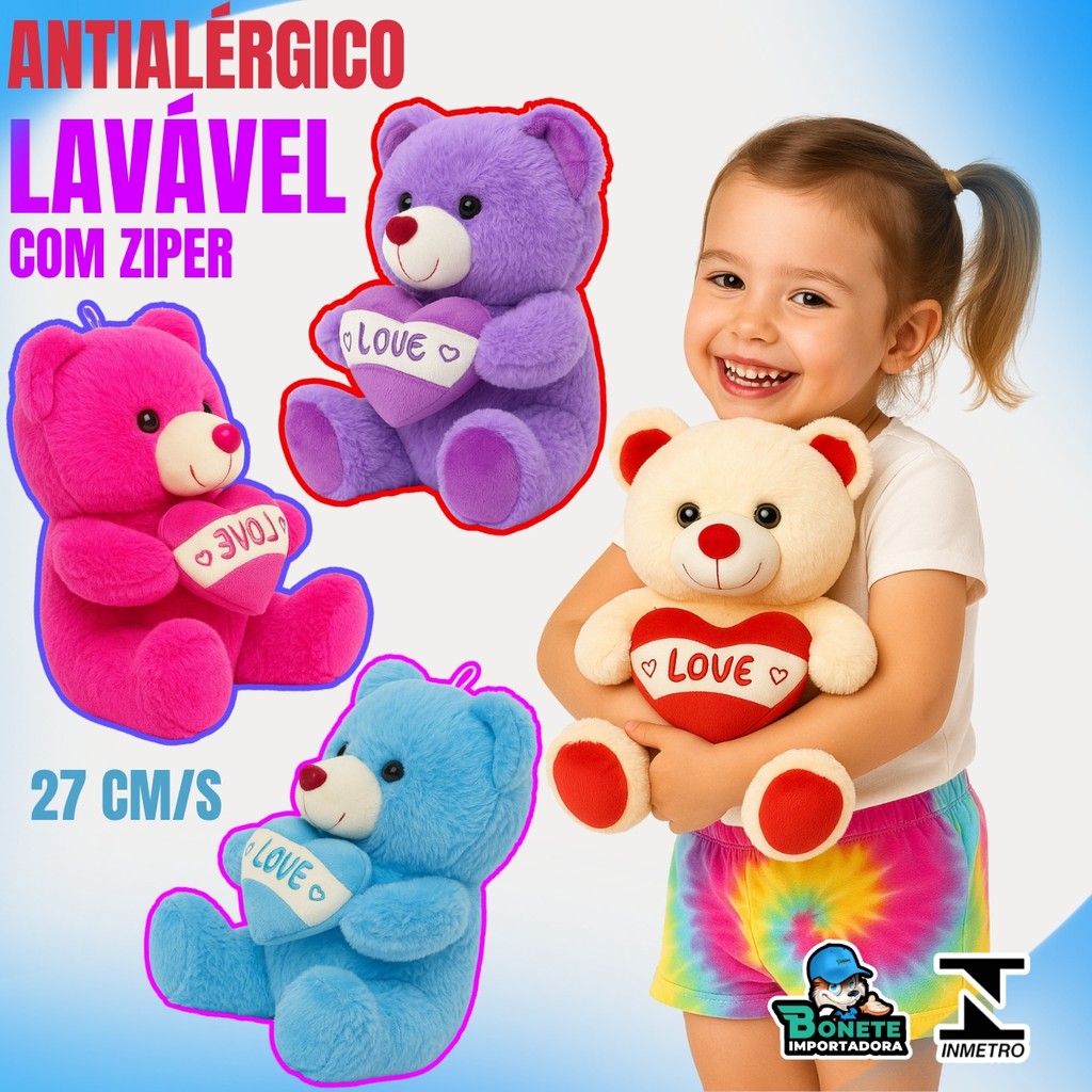 Pelúcia Urso com Coração LOVE 27cm – Lavável com Zíper