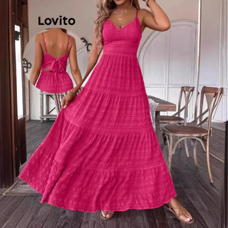 Lovito Vestido boho liso sem costas com cadarço para mulheres LNL72152