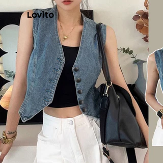 Lovito Top jeans casual com botão liso para mulheres LNE66416 em Promoção na Shopee Lovito Top jeans casual com botão liso para mulheres LNE66416