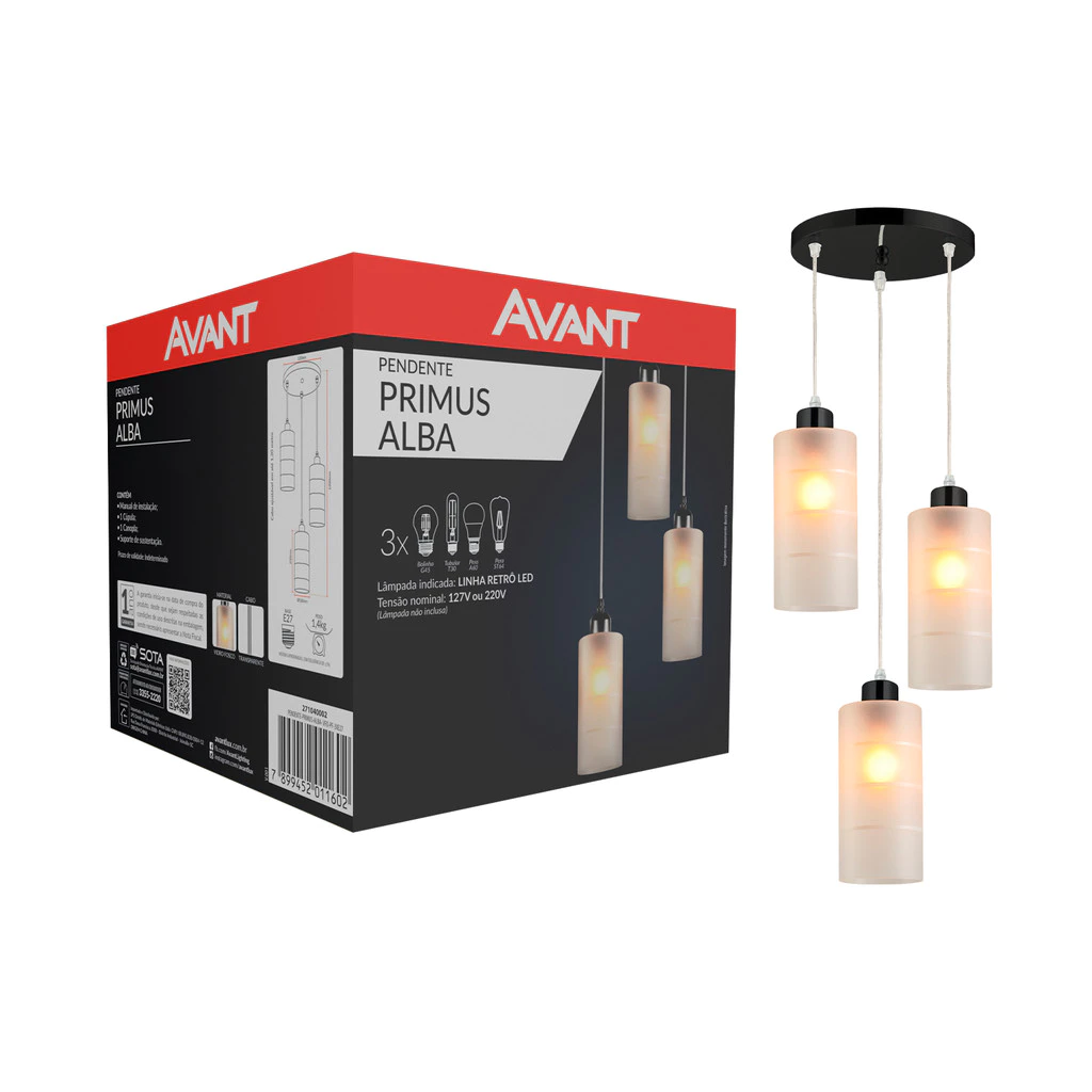Luminaria Pendente Led Primus 3xE27 Vidro fosco Avant