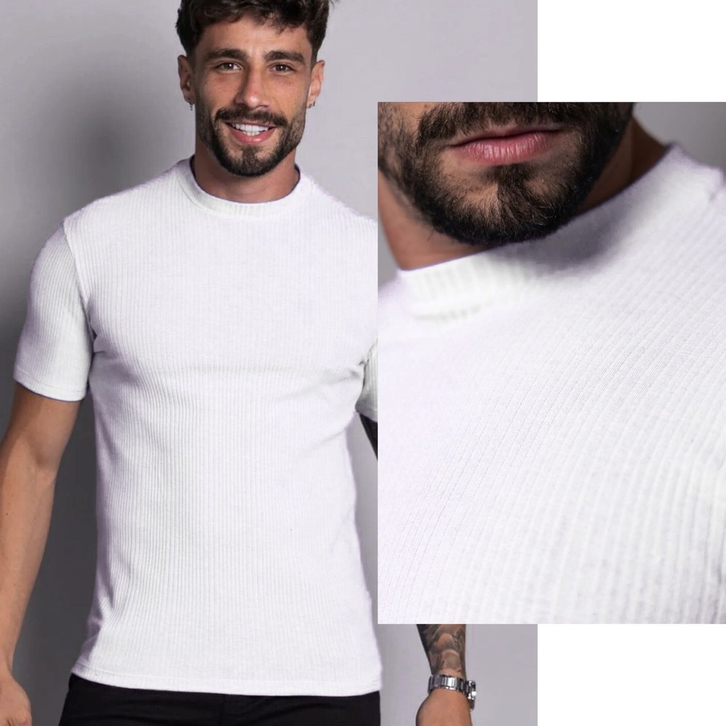 Camiseta Masculina Texturizada Camisa Gola Media Tecido Canelado ...