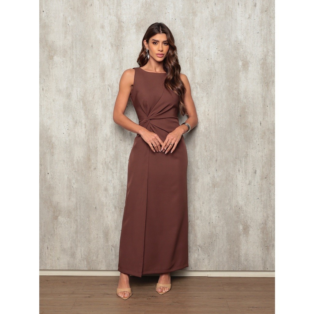 Y170 179 Vestido longo elegante transpassado com nó fenda atras