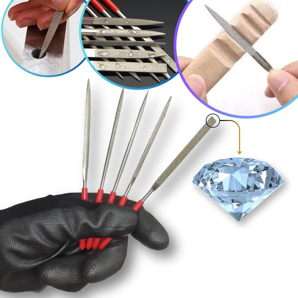 Kit Jogo Lima Agulha Diamantada 5 Peças Luthieria Artesanato Escultura Amolar Afiar Alicate Cuticula Cutelaria Precisão