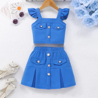 Conjunto Azul Para Crianças Roupas De Menina Verão Bonito Colete + Saia Criança 2 Pçs Férias Casual Moda Roupa 2 3 4 5 6