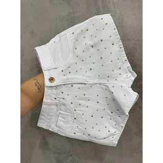 Short Jeans Branco Com Pedras Douradas
