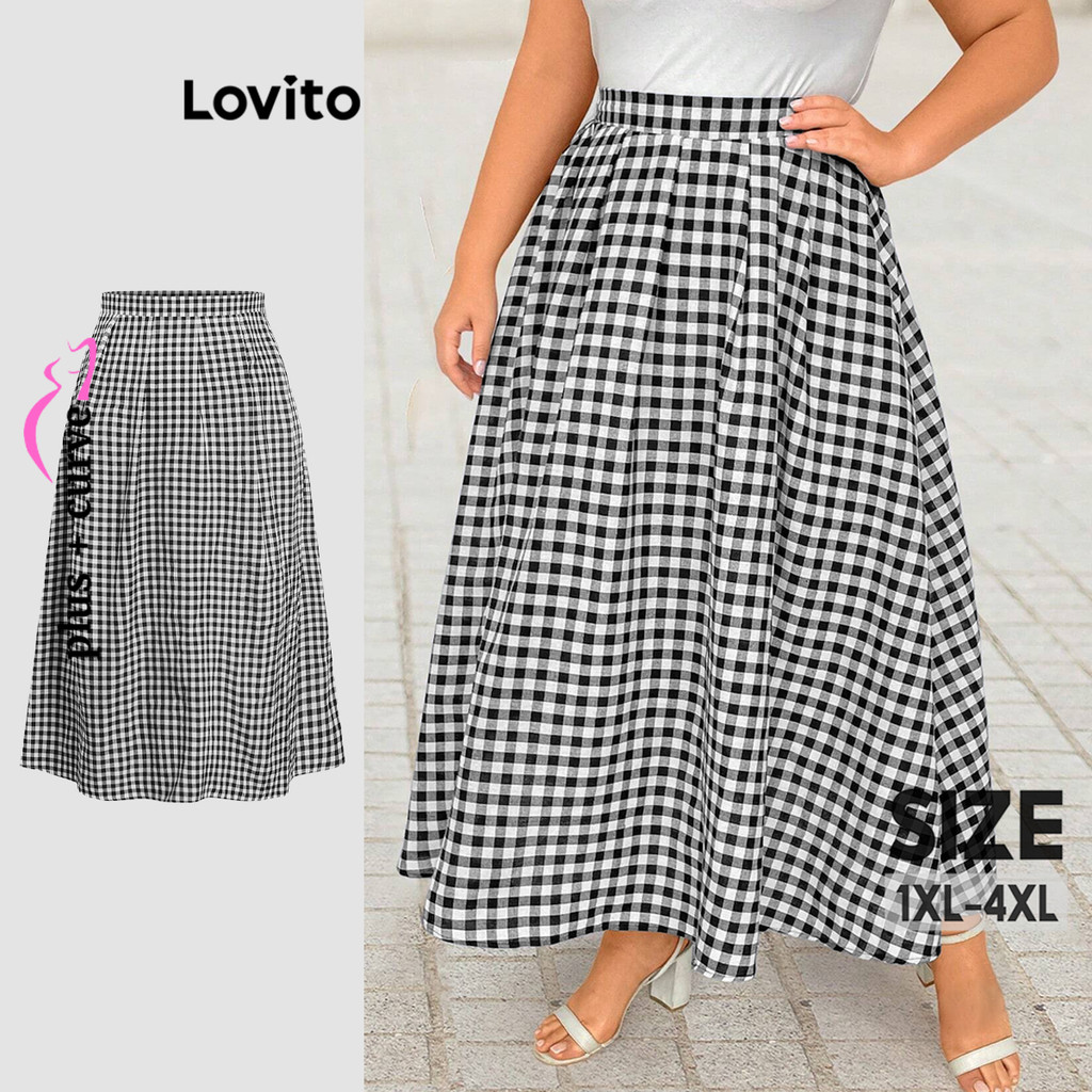 Lovito Plus Size Curve Casual Saias Xadrez para Mulheres LBL19835