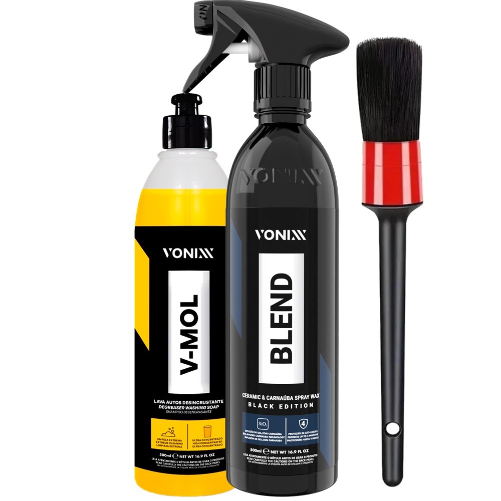 Kit Limpeza Automotiva Pesada Shampoo V-Mol Vonixx + Cera Spray Blend Black Premium 500ml e Pincel Detalhamento