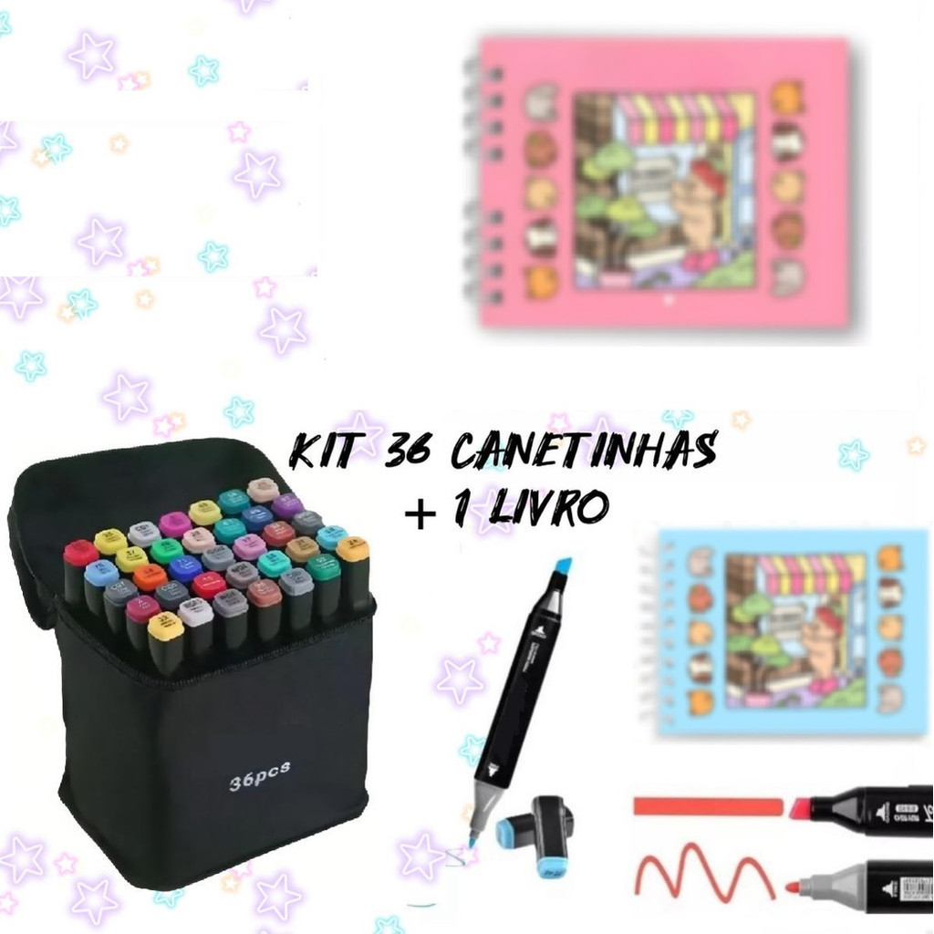 Livro Para Colorir 50 Paginas+36 Canetinha Ponta Dupla Profissional ...