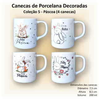 Canecas de porcelana decoradas, 200 ml, xícara, café, chá, Col5-Páscoa - 4 canecas