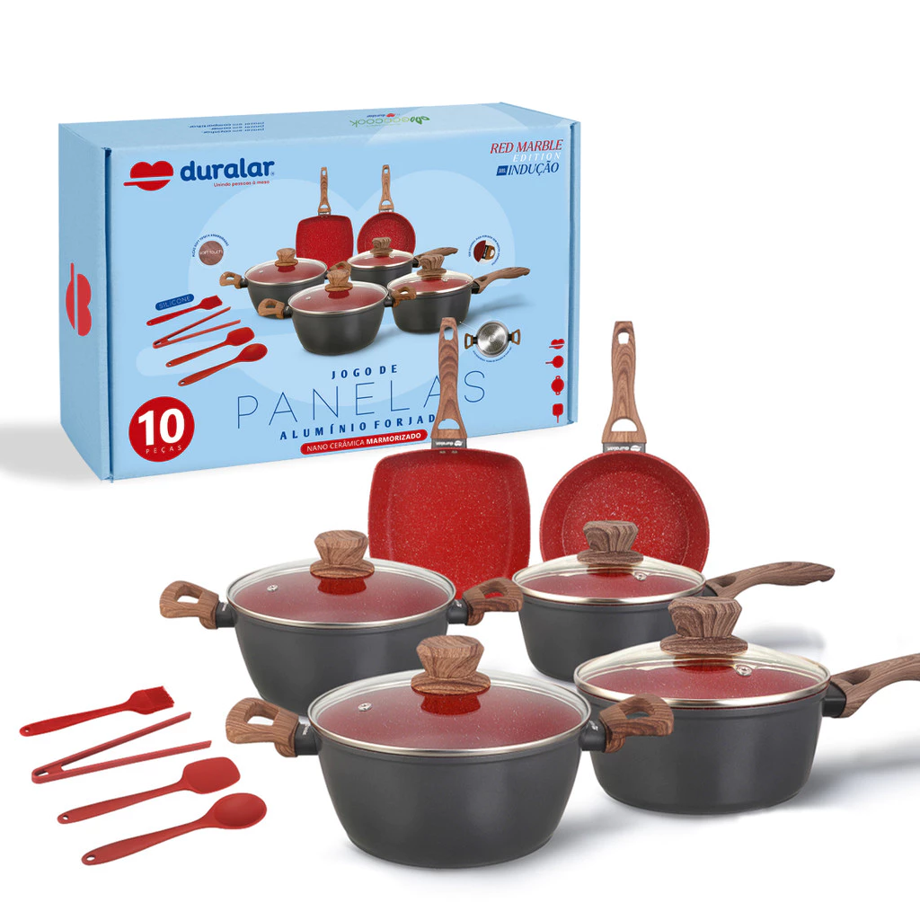 Jogo de Panela Cerâmica Antiaderente Indução 10 Peças Duralar Vermelho