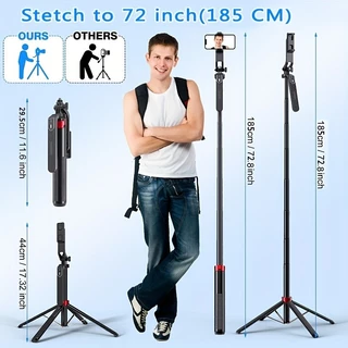 Tripé Selfie Stick 72" Extensível com Controle Remoto Sem Fio para Vlogging e Gravação de Vídeo