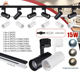 Kit Trilho Spot LED 15W para trilho eletrificado Interno Econômico Luz Ambiente ou Comercial Bivolt 