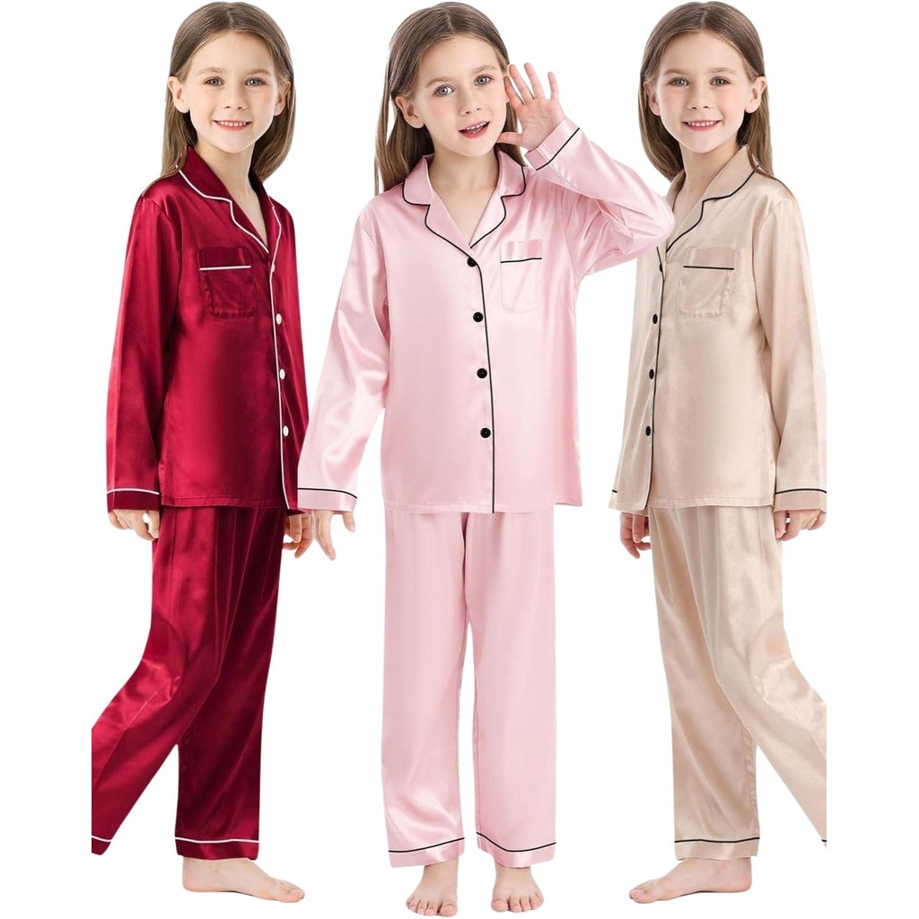 Pijama Infantil Americano Cetim Toque de Seda Manga Longa Calça Bolso e Botão em Oferta na Shopee