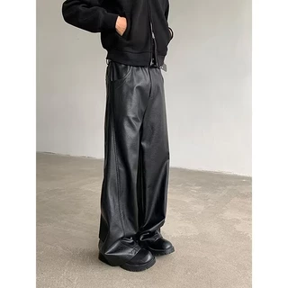 Calças De Couro Masculinas Fosco Solto Perna Reta Larga Casual Americano Retro Drape Preto WL055