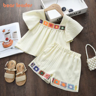 Bear Leader Verão 3 A 7 Anos Terno Para Meninas Versão Coreana Camiseta De Manga Curta Com Gola Quadrada E Caminho De Fl