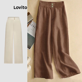 Lovito Calça Básica Lisa com Botões na Frente para Mulheres LNE21224 (Multicolorido)