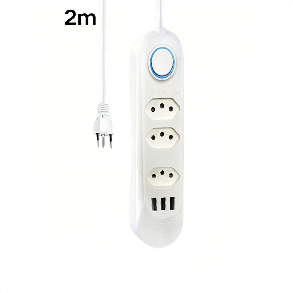 Régua Filtro de Linha Extensão de Tomada 3 Tomadas de 3 Furos e 3 Usb com Cabo de 2M Bivolt