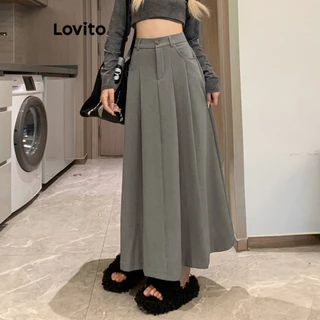 Lovito Saia com Botão e Bolsos Plissados Simples Casual para Mulheres LNE35221 (Cinza/Branco/Preto)