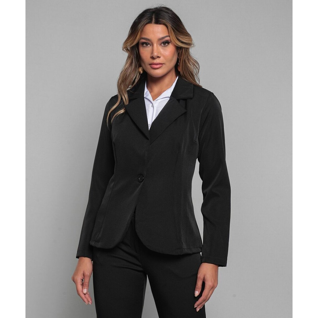 Blazer Social Feminino de Alfaiataria Preto acinturado Trabalho e ...