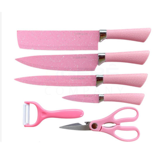 Jogo De Facas Inox Descascador E Tesoura 6 Peças Rosa