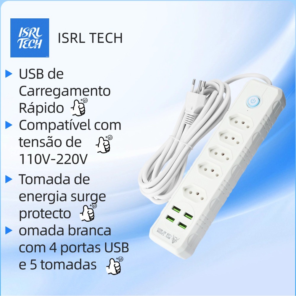 Régua Extensão Elétrica 3m/5m com 5 Tomadas e 4 Entradas USB Botão Liga e Desliga 110V/220V Bivolt
