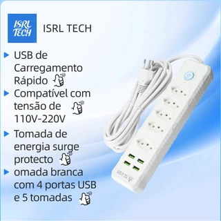 Régua Extensão Elétrica 3m/5m com 5 Tomadas e 4 Entradas USB Botão Liga e Desliga 110V/220V Bivolt