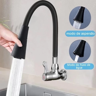 Torneira Parede Cozinha Gourmet Preta Flexivel 2 Jatos 1/4 de Volta Para Mesa Pia Bancada e Mármore