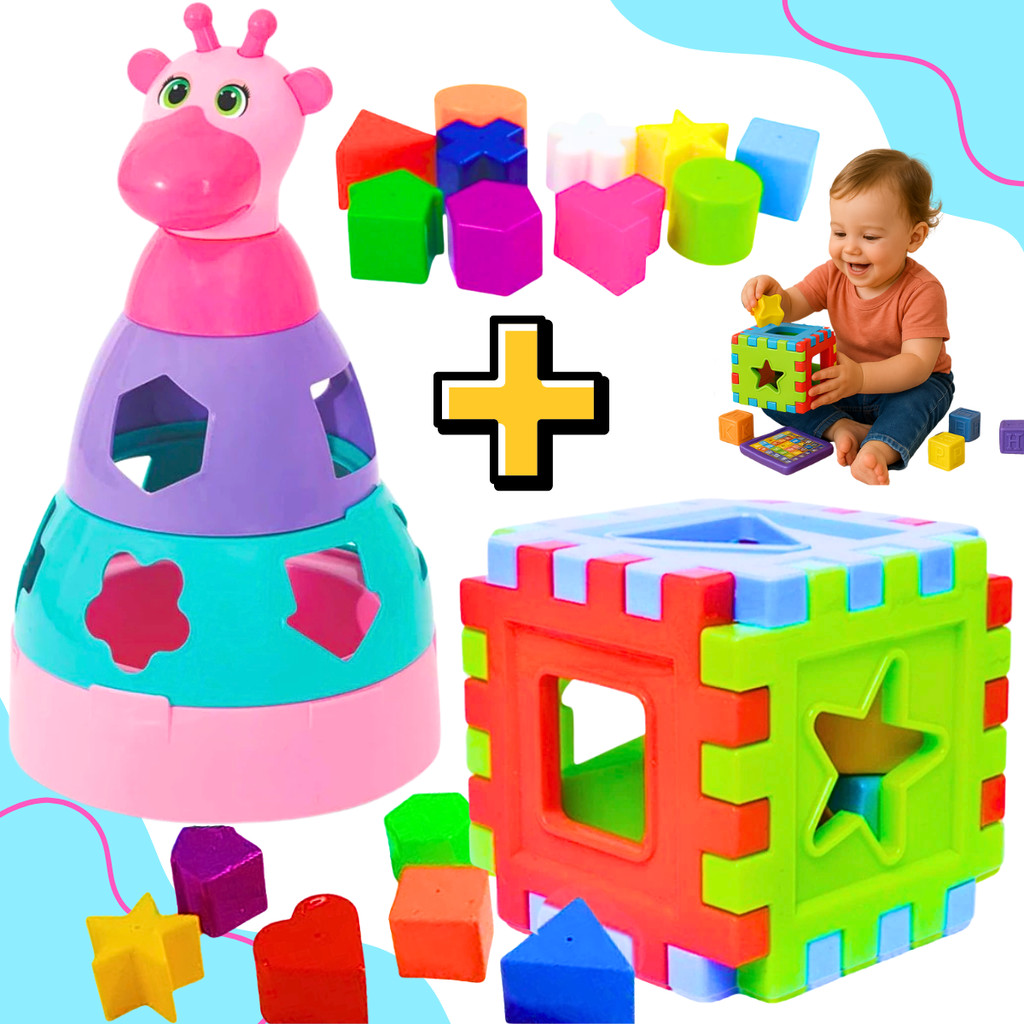Kit 2 Brinquedos Infantil Cubo Didático+ Girafa Educativa com Formas ...