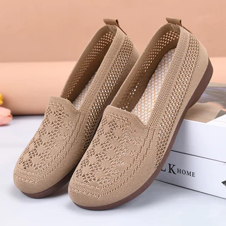 Europeu E Americano Mosca Rasa Tecido Fundo Plano Dedo Do Pé Largo Único Sapatos Para O Verão Feminino Sola Macia Oco Sa