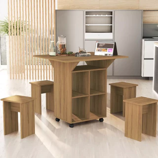 Mesa Annie Dobrável Aparador Compacta com 4 Quatro Bancos e Rodízios 100% MDF