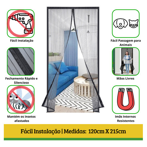 Tela Mosquiteira Magnética Porta 120x215cm Preto FortMesh, Cortina para Portas, Rede Mosquiteiro