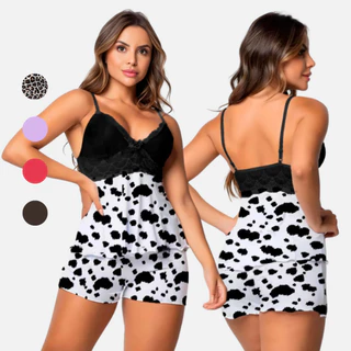 Pijama Feminino Vaquinha/Onçinha Baby Doll Sexy Short Doll Feminino Detalhe de Renda Luxo em Oferta na Shopee