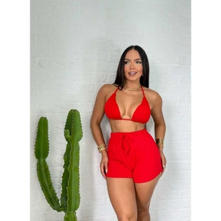 Biquíni Feminino Com Short Tecido Canelado Premium em Oferta na Shopee