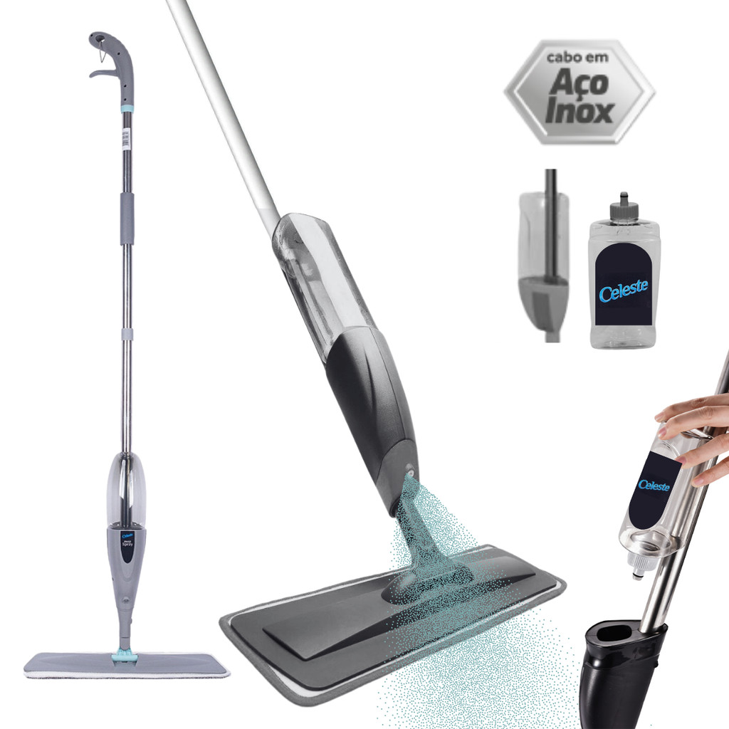 Mop Spray Giratório Limpeza Flash Mágico Rodo Esfregão Flat - Celeste