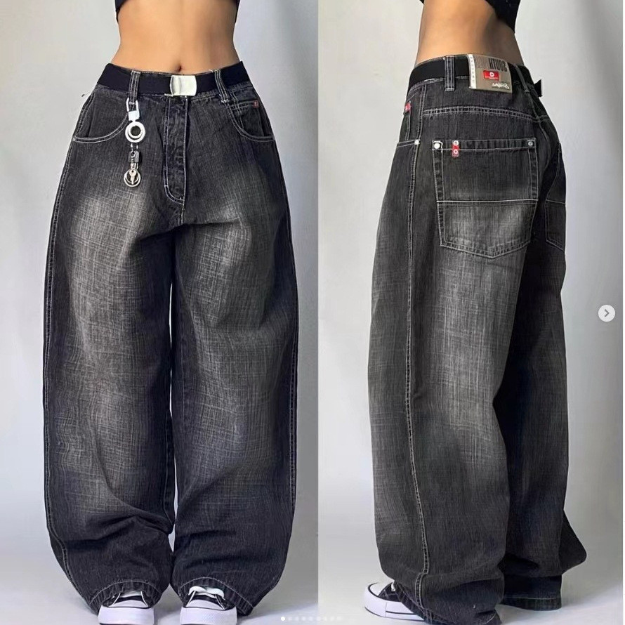 Calça jeans solta de cintura alta feminina, calça larga Harajuku Y2K ...