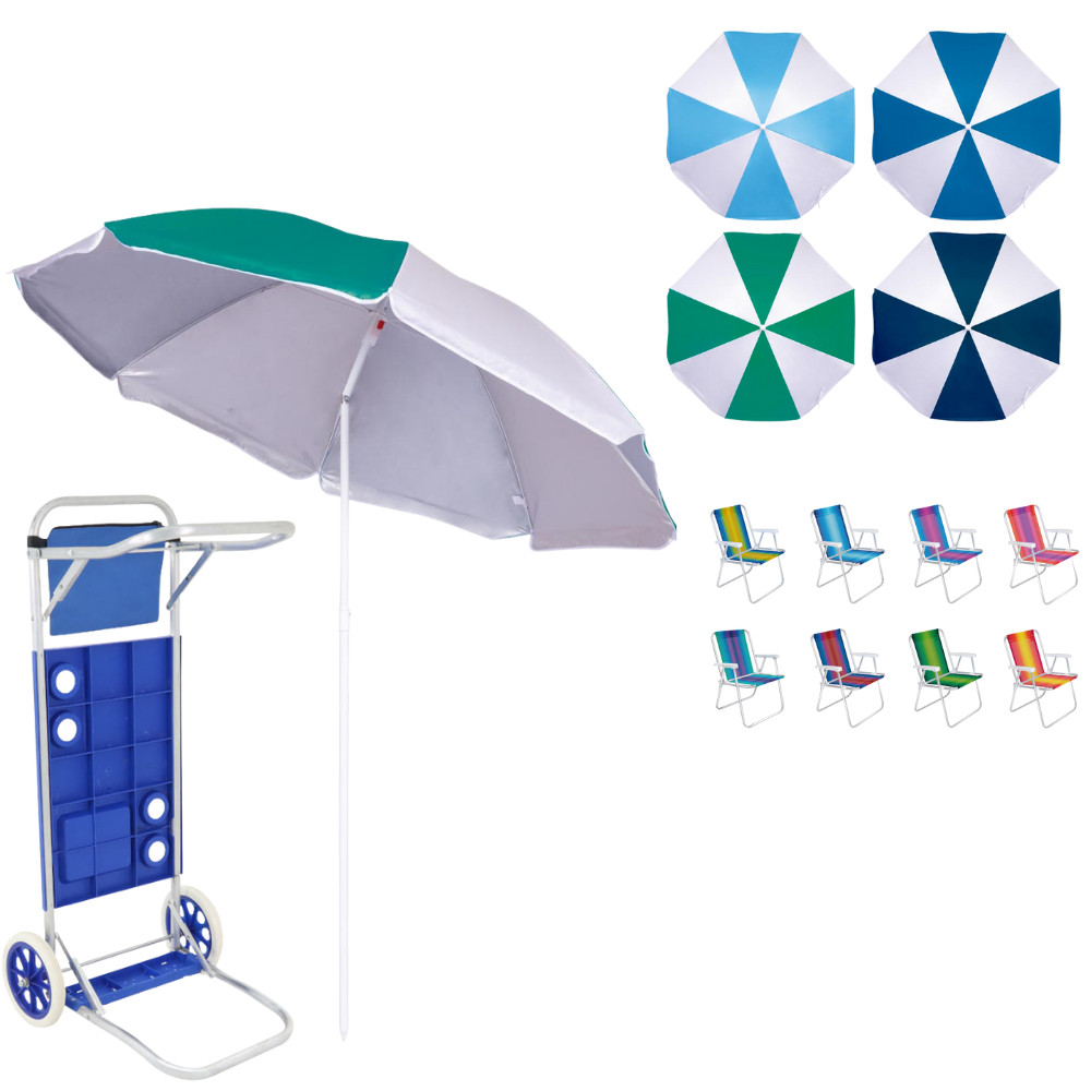 Kit Praia Com Tudo: 1 Carrinho + 1 Guarda Sol +2 Cadeiras De Aluminio ...