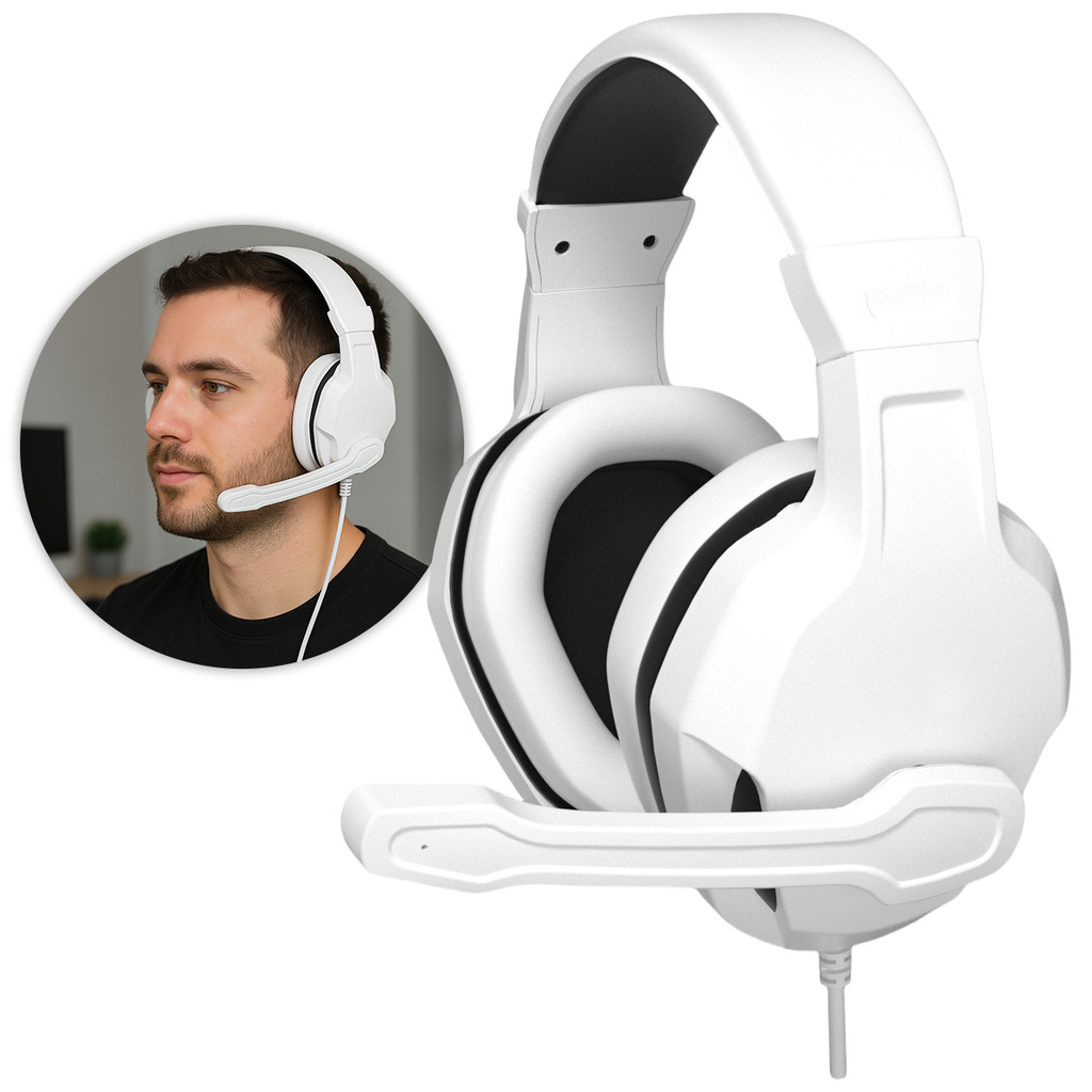 Fone Gamer Headset Branco Com Fio Microfone Leve Macio Confortável Para Pc Videogame Celular