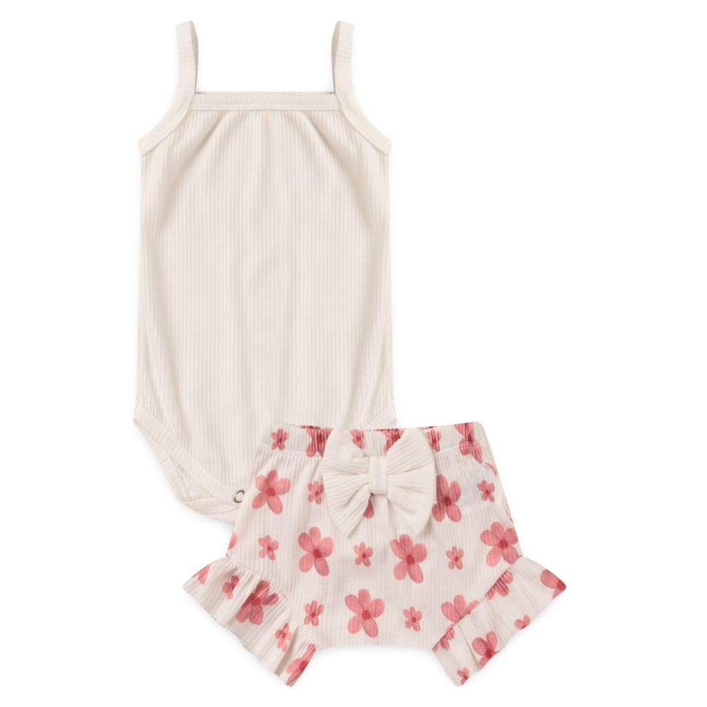 Conjunto Infantil Verão Body Branco Short Flores e Babadinhos