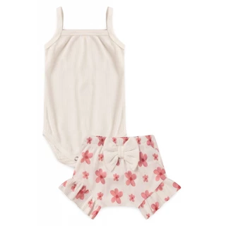 Conjunto Infantil Verão Body Branco Short Flores e Babadinhos