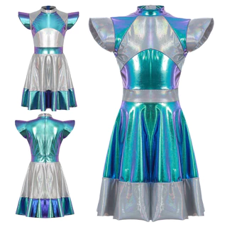 Yeahdor Crianças Meninas Halloween Alienígena Cosplay Traje Espaço Exterior Cutie Boné Manga Brilhante Metálico Cor Bloc