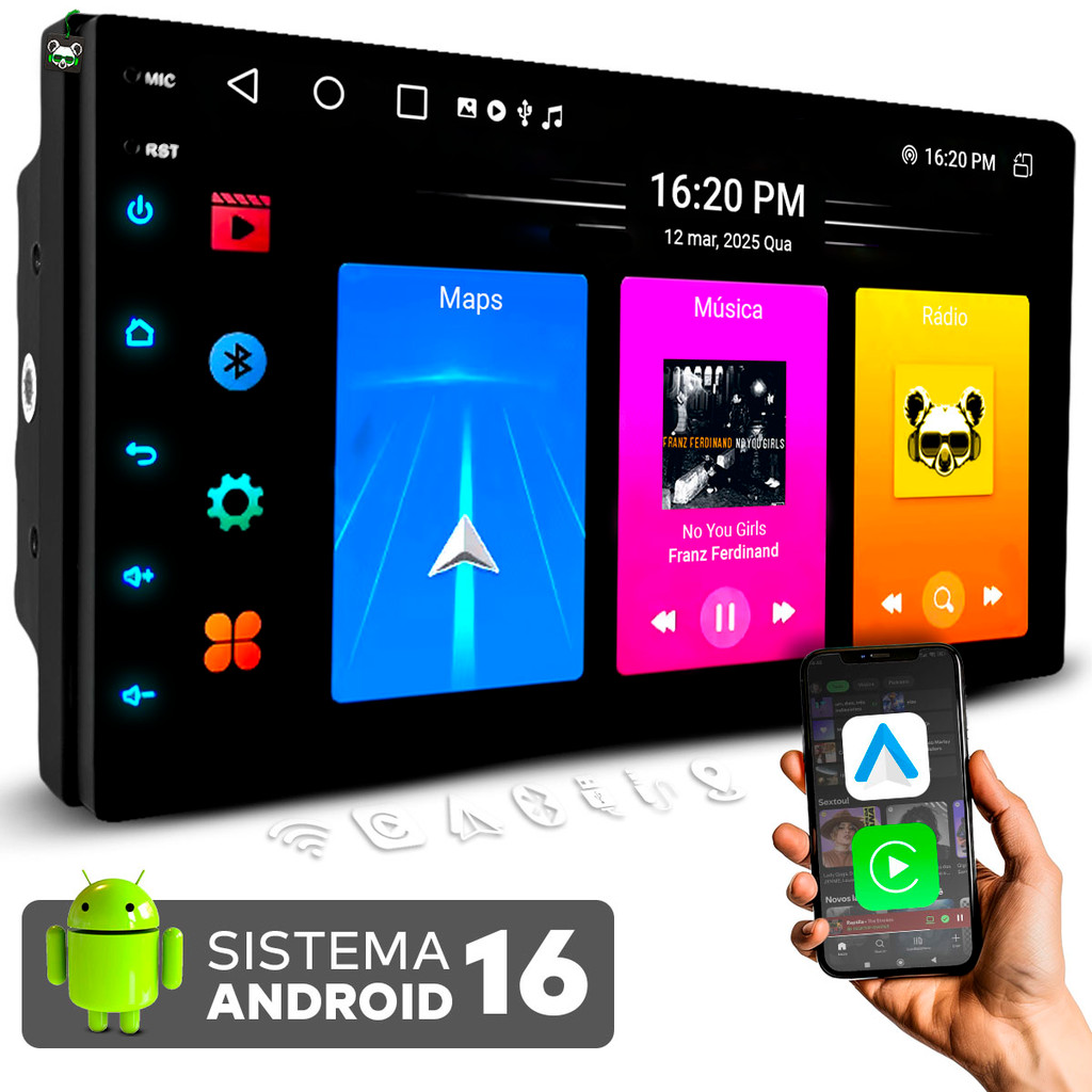 Multimídia Android 16 Quadcore 4GB 64gb IPS 7 Pol Carplay C