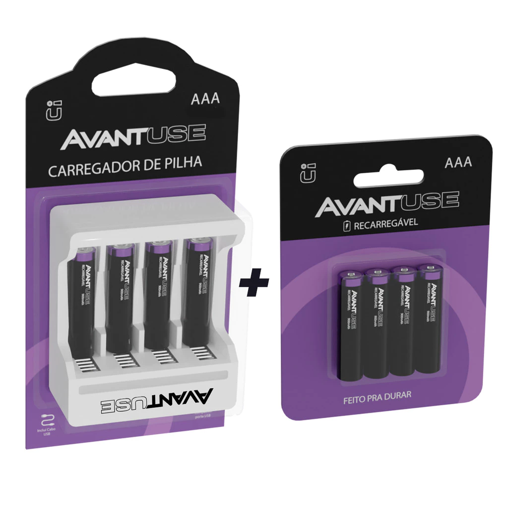 Kit 8 Pilhas Recarregável AAA Palito + Carregador Avant Use