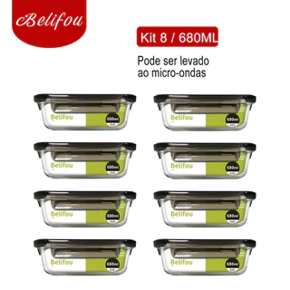 Belifou Kit 8 Potes Herméticos 680ml Vidro 4 Travas Marmita Microondas Resistente