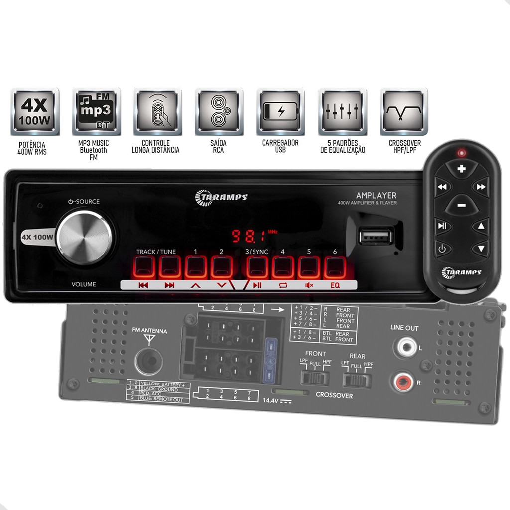 Rádio Taramps AMPlayer Com Amplificador 400 Watts RMS Potência 400w Player Amplificado USB MP3 Bluetooth