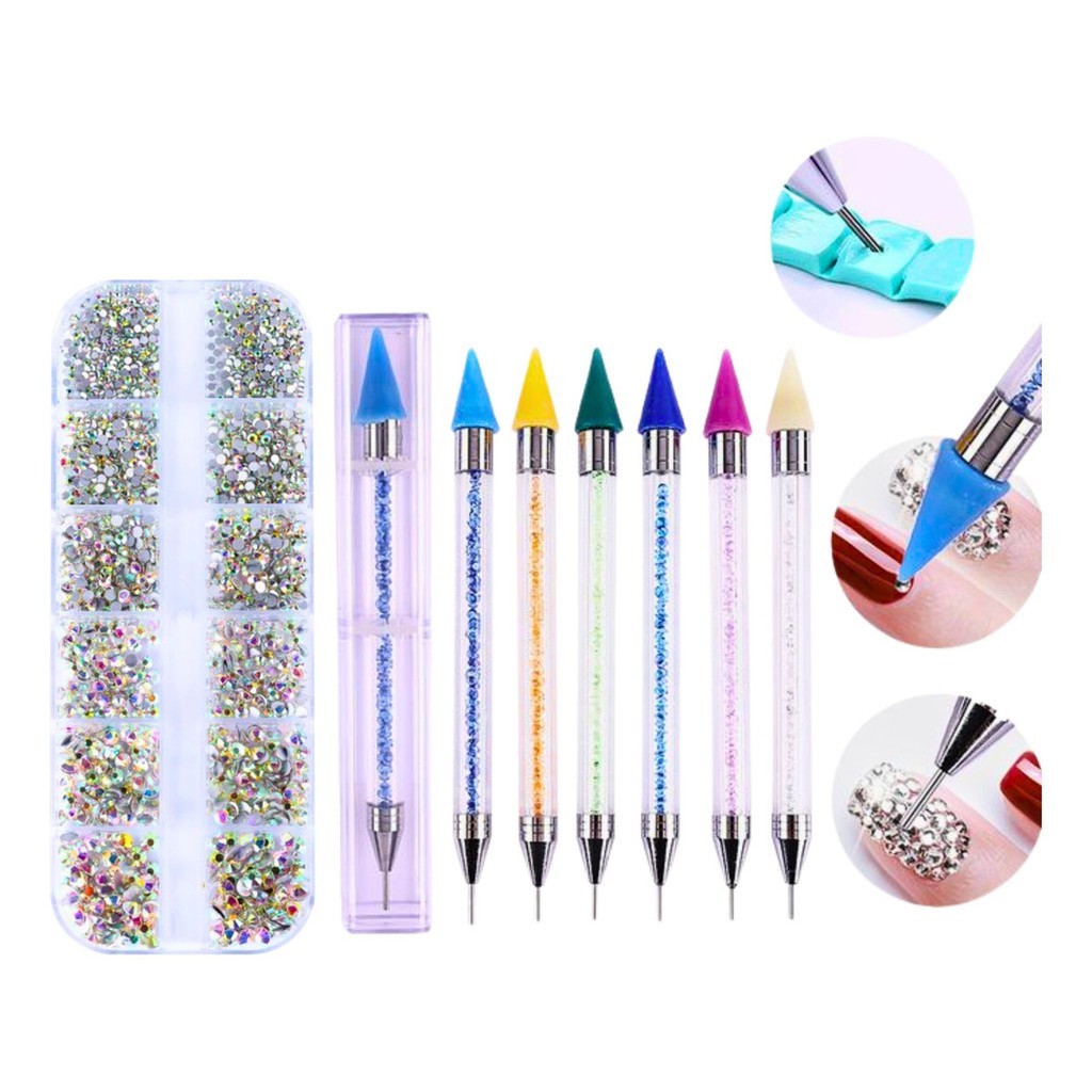 Kit De Unha Nail 1 caixa de Pedrinhas branco com fruta cor Decoração + Caneta Pega Strass rosa