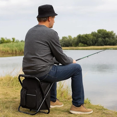 BANQUETA MOCHILA DOBRAVEL VIRA CADEIRA BOLSA TERMICA PORTATIL MULTIUSO CAMPING PESQUEIRO PESCA 2 E 1 PRETO