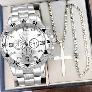 Kit Relógio Masculino Aço Inox Resistente a Água Com Corrente Cruz e Pulseira Presente Dia Dos Pais