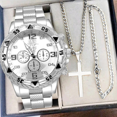 Kit Relógio Masculino Aço Inox Resistente a Água Com Corrente Cruz e Pulseira Presente Dia Dos Pais — foto 1 — Achou Levou Brasil
